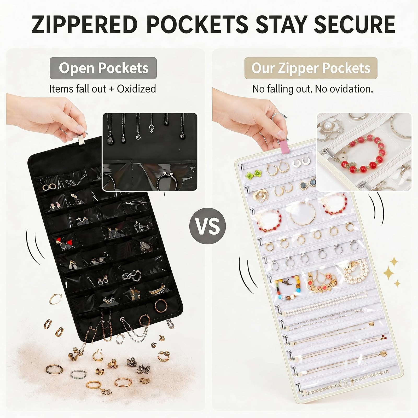 Steadtep 32-Pocket Hanging Jewelry Organizer and Foldable Travel Roll white