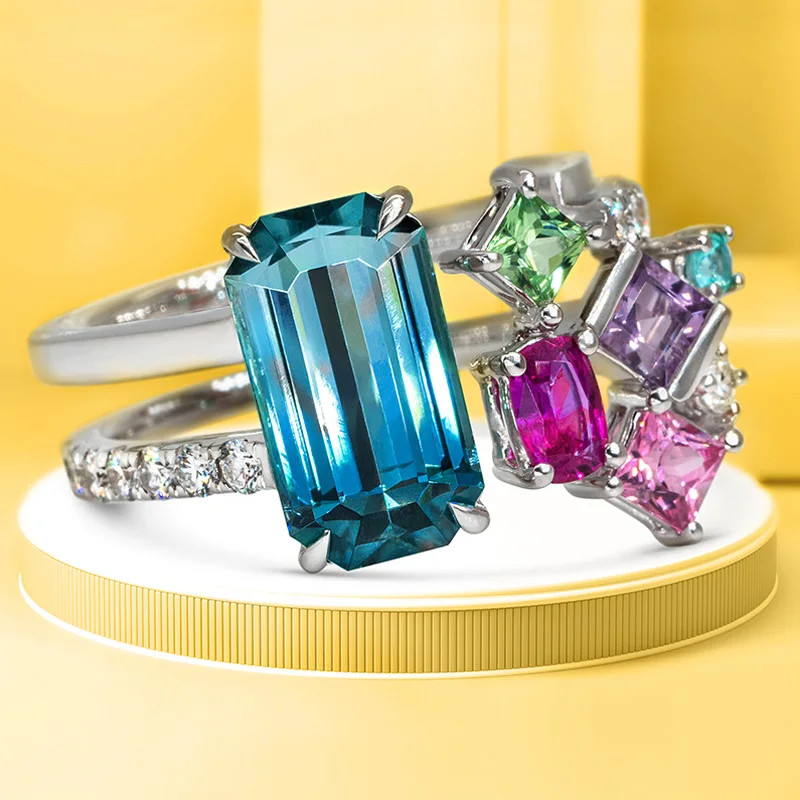 Colorful Geometric Band Ring Simulated Zirconia Silver Tone Adjustable Jewelry