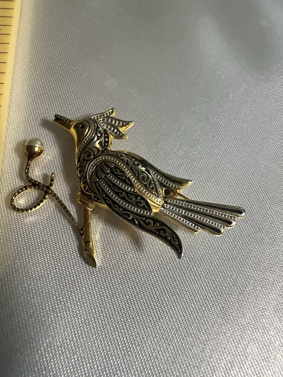 Mid Century Toledoware Gold Tone Bird Brooch Signed Spain Vintage Jewelry 2″