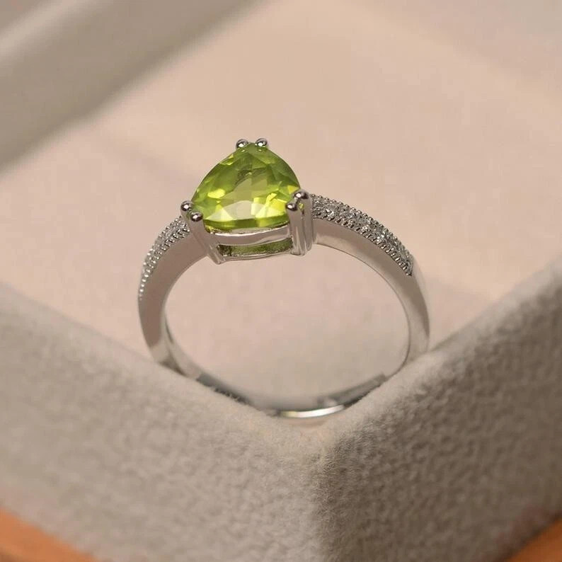 2.15 Ct Trillion Natural Peridot Diamond Engagement Ring 14k White Gold All Size