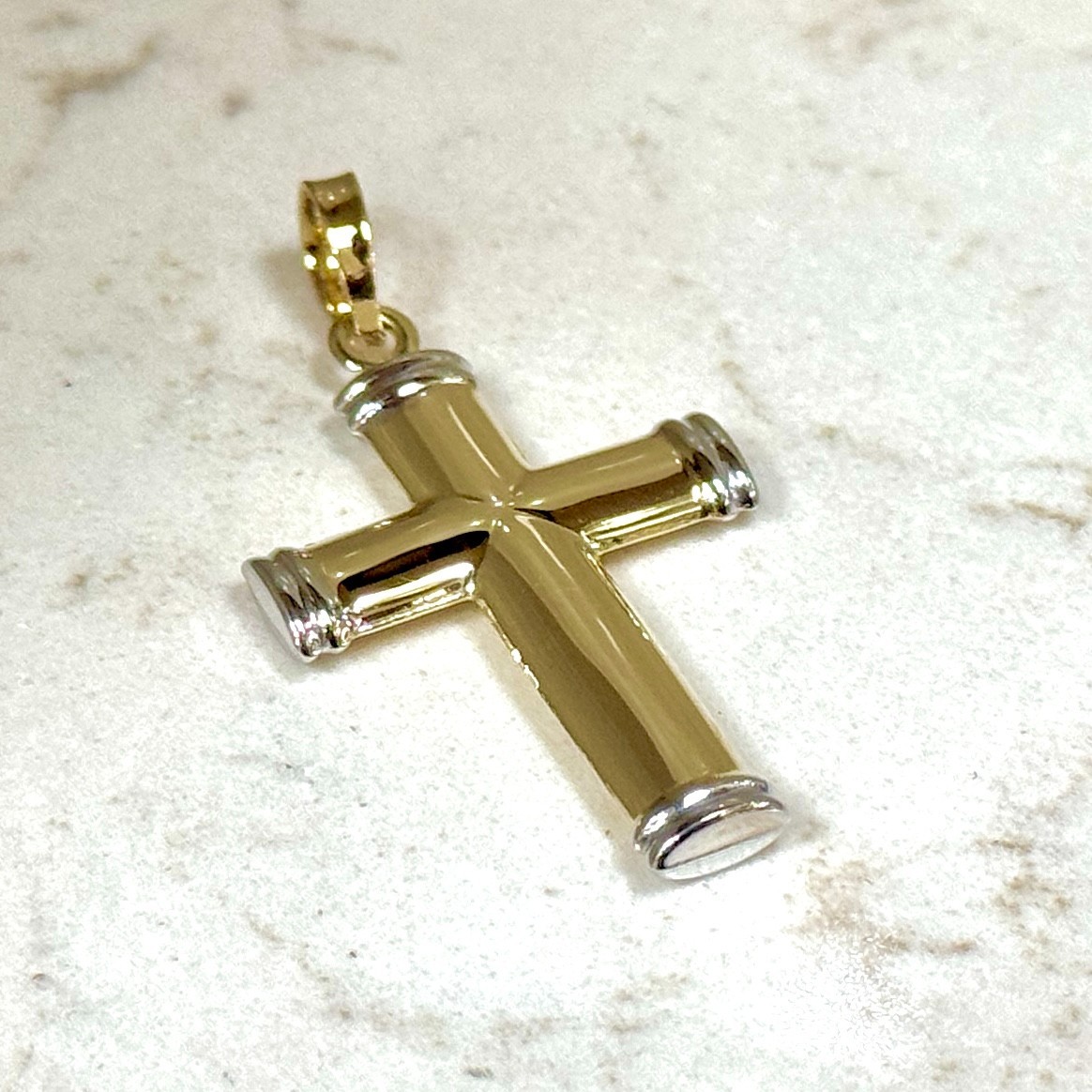 9ct Yellow and White Gold Hollow Tube Plain Cross Pendant Free Shipping