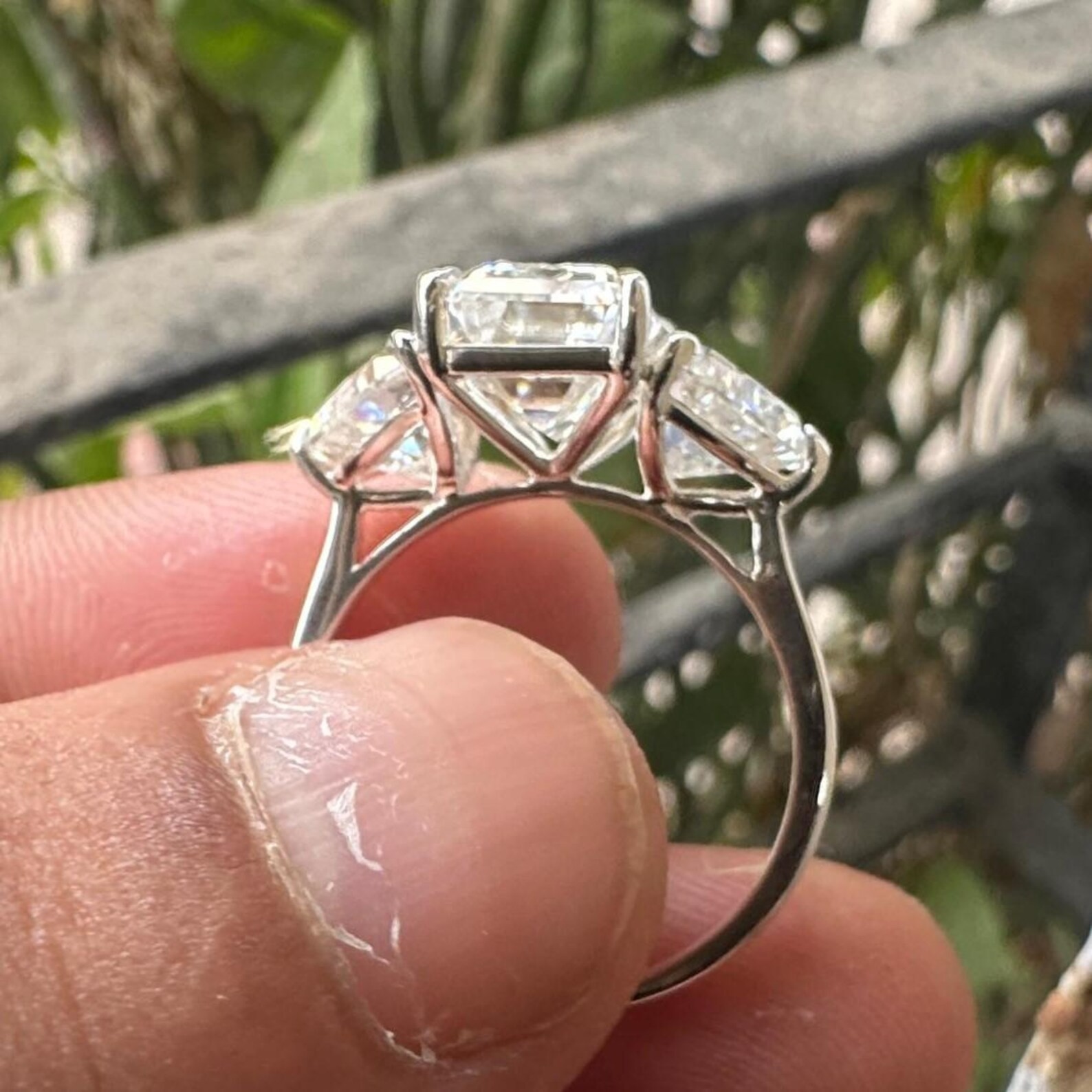 5.99 CTW Emerald Cut Moissanite Trilogy Anniversary Ring 14K White Gold Plated