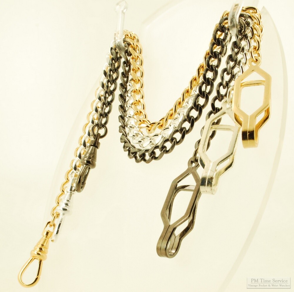 Straight pocket watch chain w/ open-style belt clip; various finish options