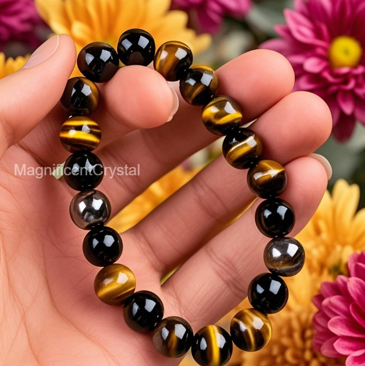 Hematite Obsidian Tiger’s Eye Triple Protection 8MM Women Bracelet Energy Gift