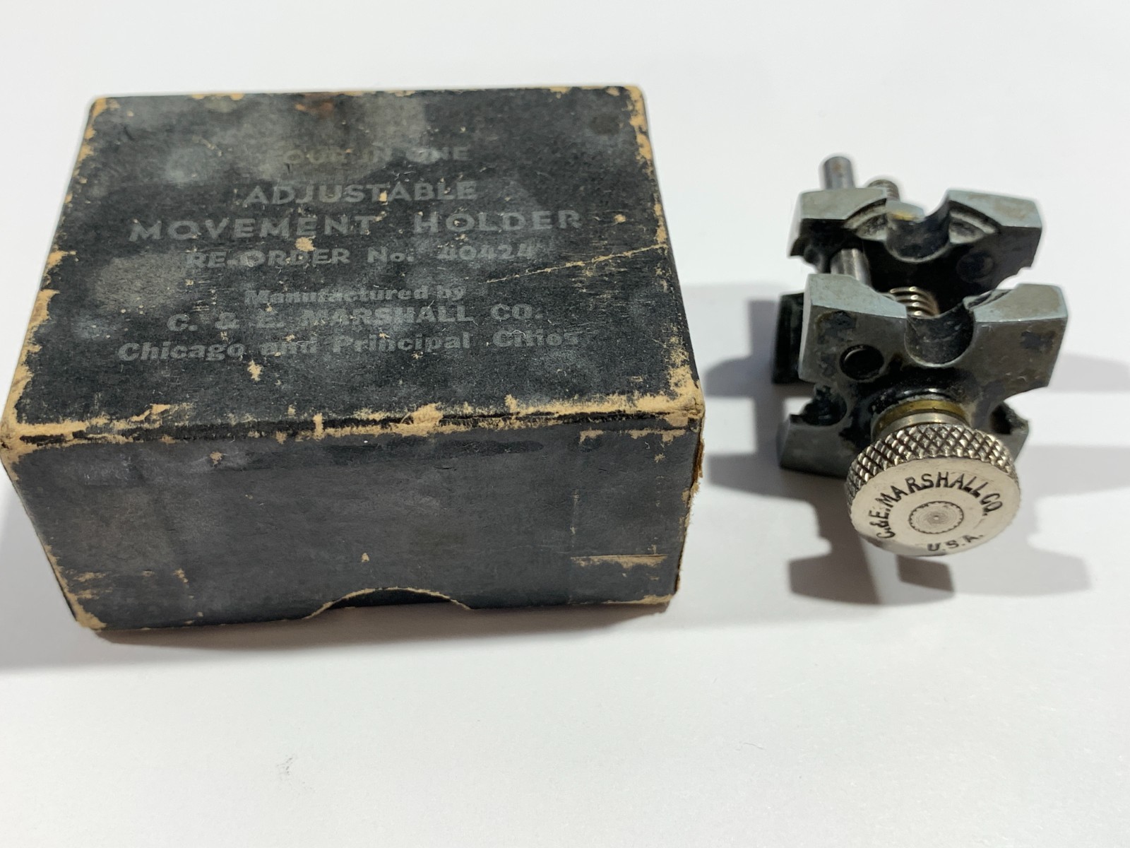 C&E Marshall Co. Adjustable Watch Movement Holder Tool Vintage No 40424 in Box