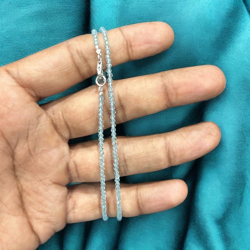2-3MM Dainty Aquamarine Faceted Round Gemstone Beads Protections Necklaces 24”