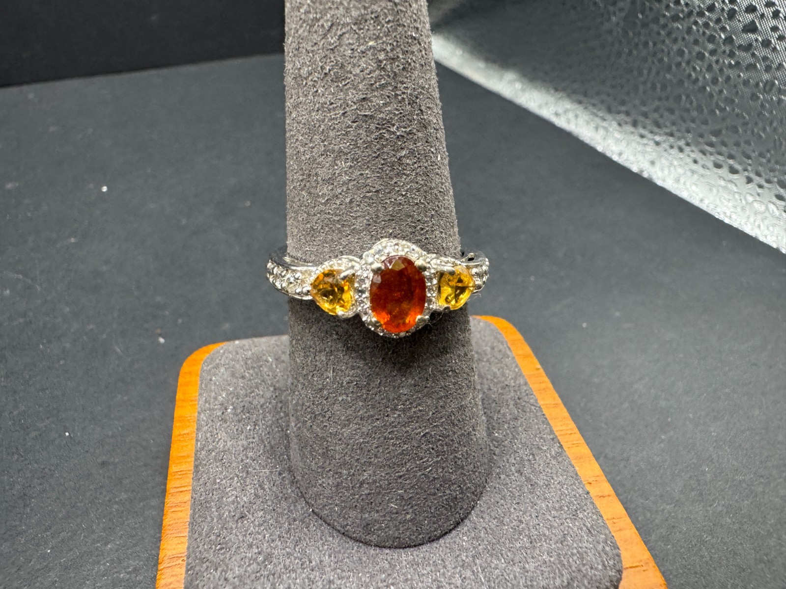 Vintage Sterling Silver 925 Hessonite Citrine Three Stone Halo Ring Accent
