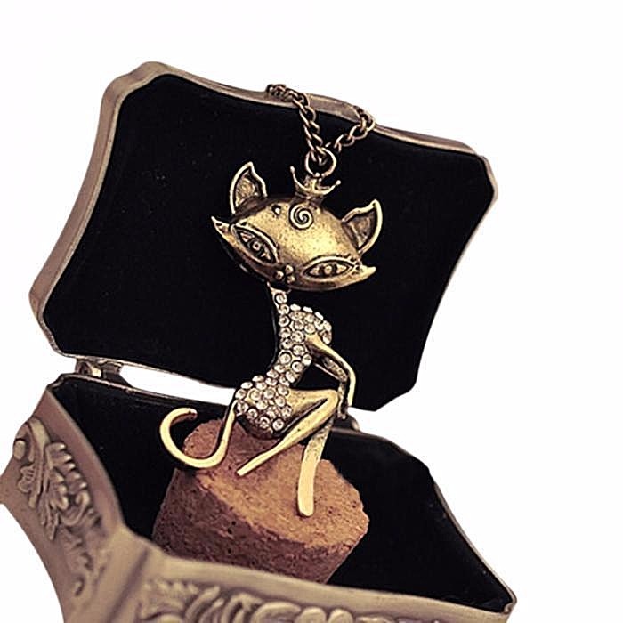 LADY CAT in a Rhinestone DRESS 2-3/4″ x 1-1/8″ Pendant Necklace with 28″ Chain