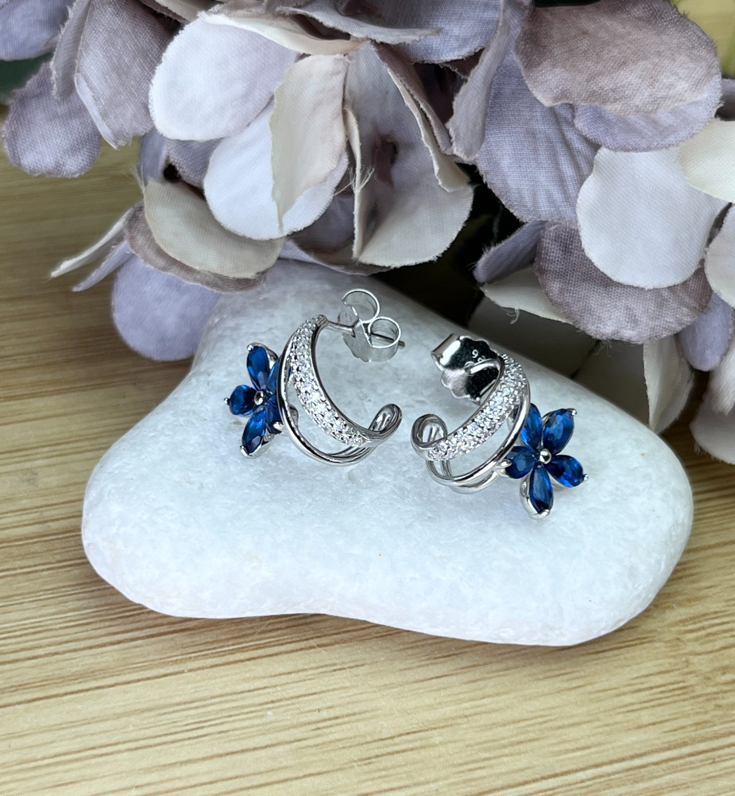 Silver Blue Flower Earrings Gift for Women