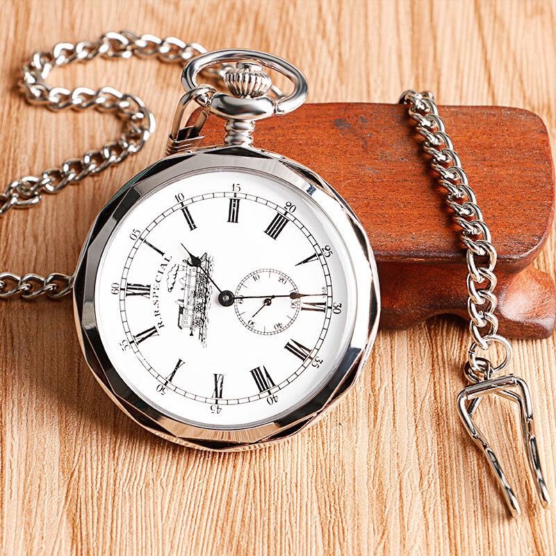 Silver Hand Winding Pocket Watch with Chain Open Face Railway Engine Mechanical