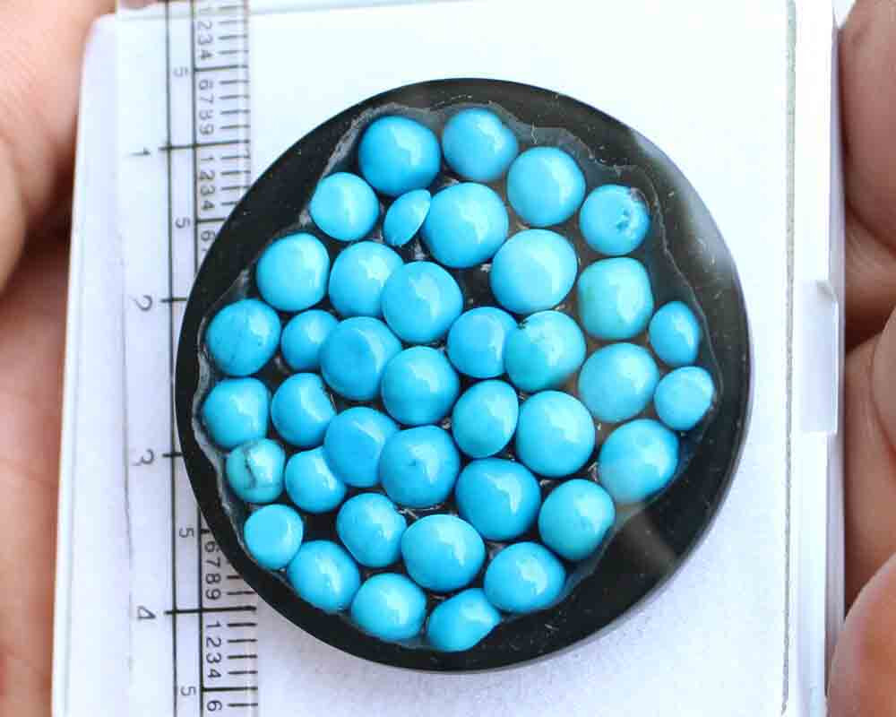 77.70 Cts Natural Blue Turquoise On Black Doublet Round Loose Gemstone