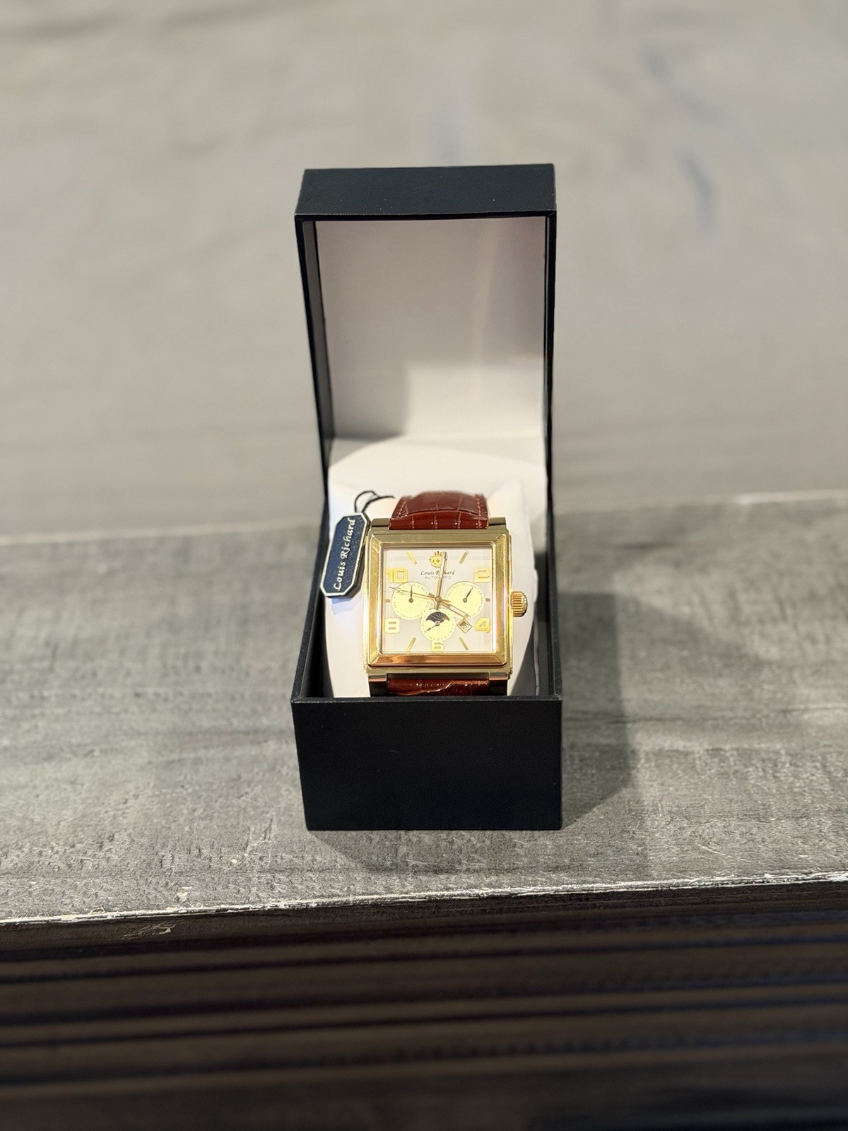 Louis Richard Automatic Dial Gold Tone Watch Brown Leather Moon Phase Date