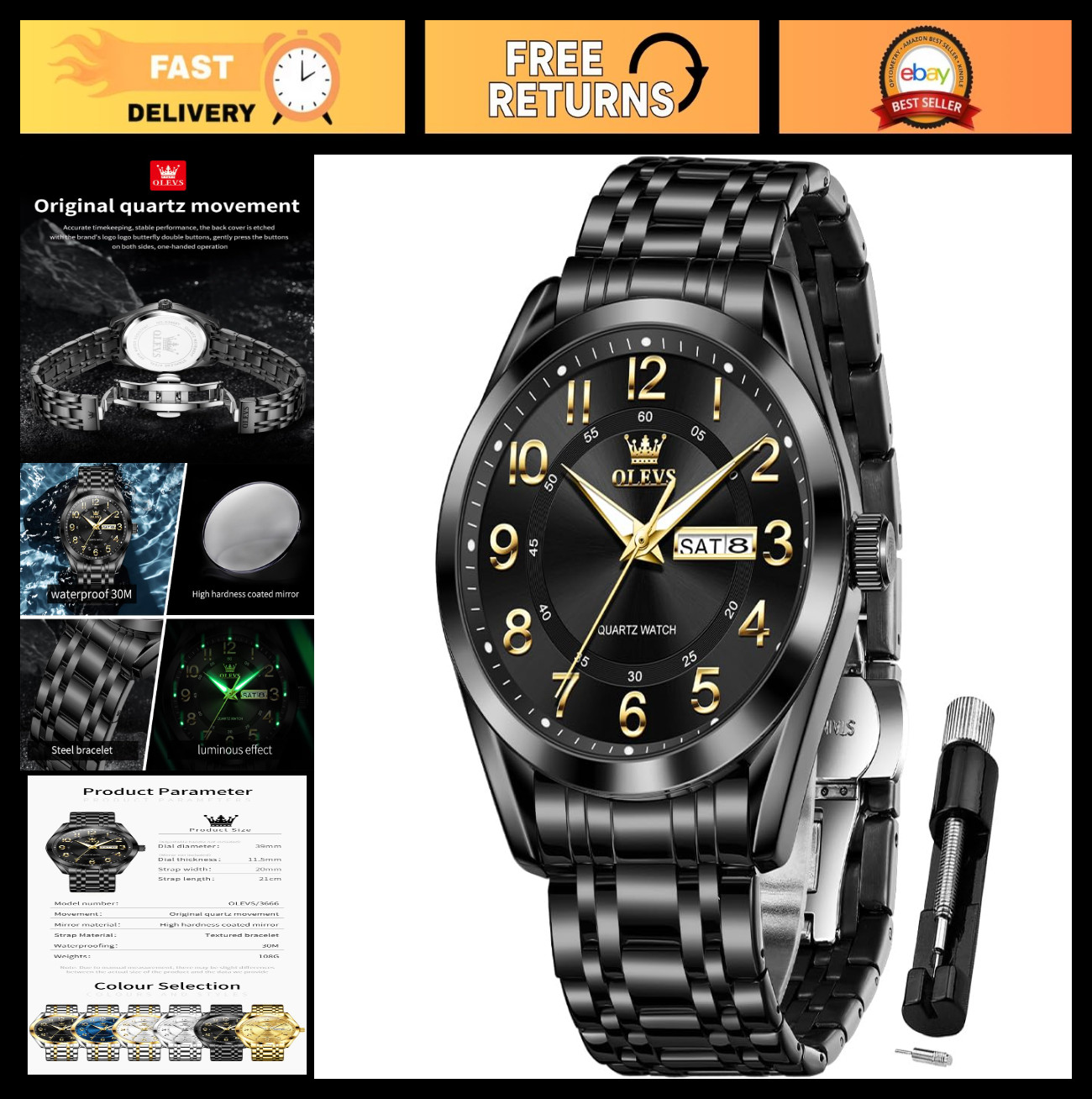 Men’s Quartz Watch – Large Easy-to-Read Numerals, Waterproof, Luminous Date, Cas