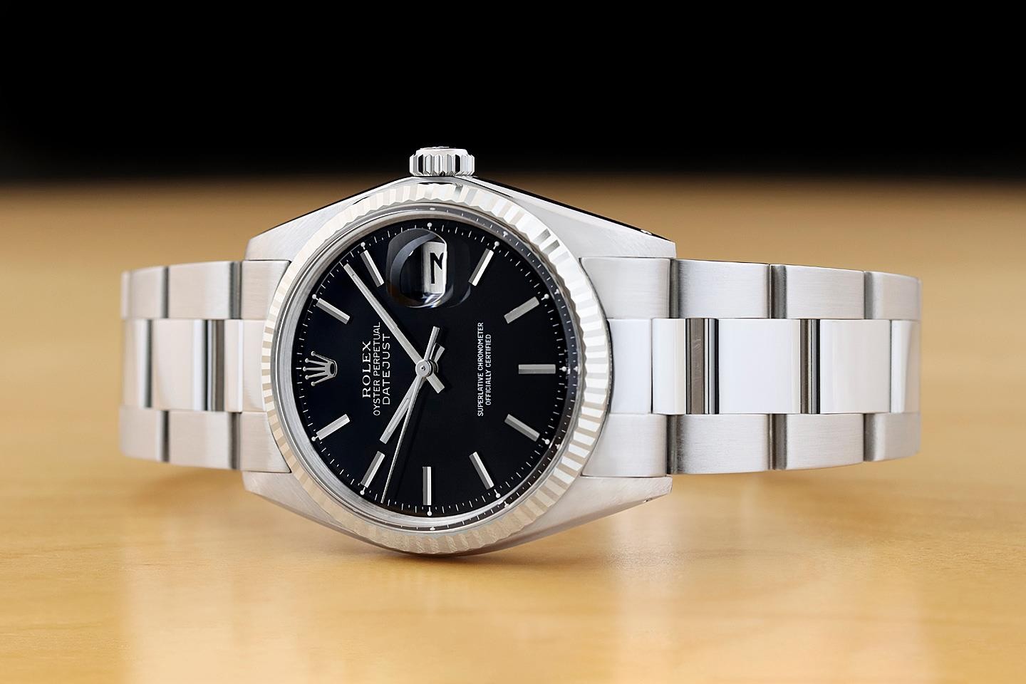 ROLEX DATEJUST 1601 BLACK DIAL 18K WHITE GOLD STAINLESS STEEL OYSTER WATCH
