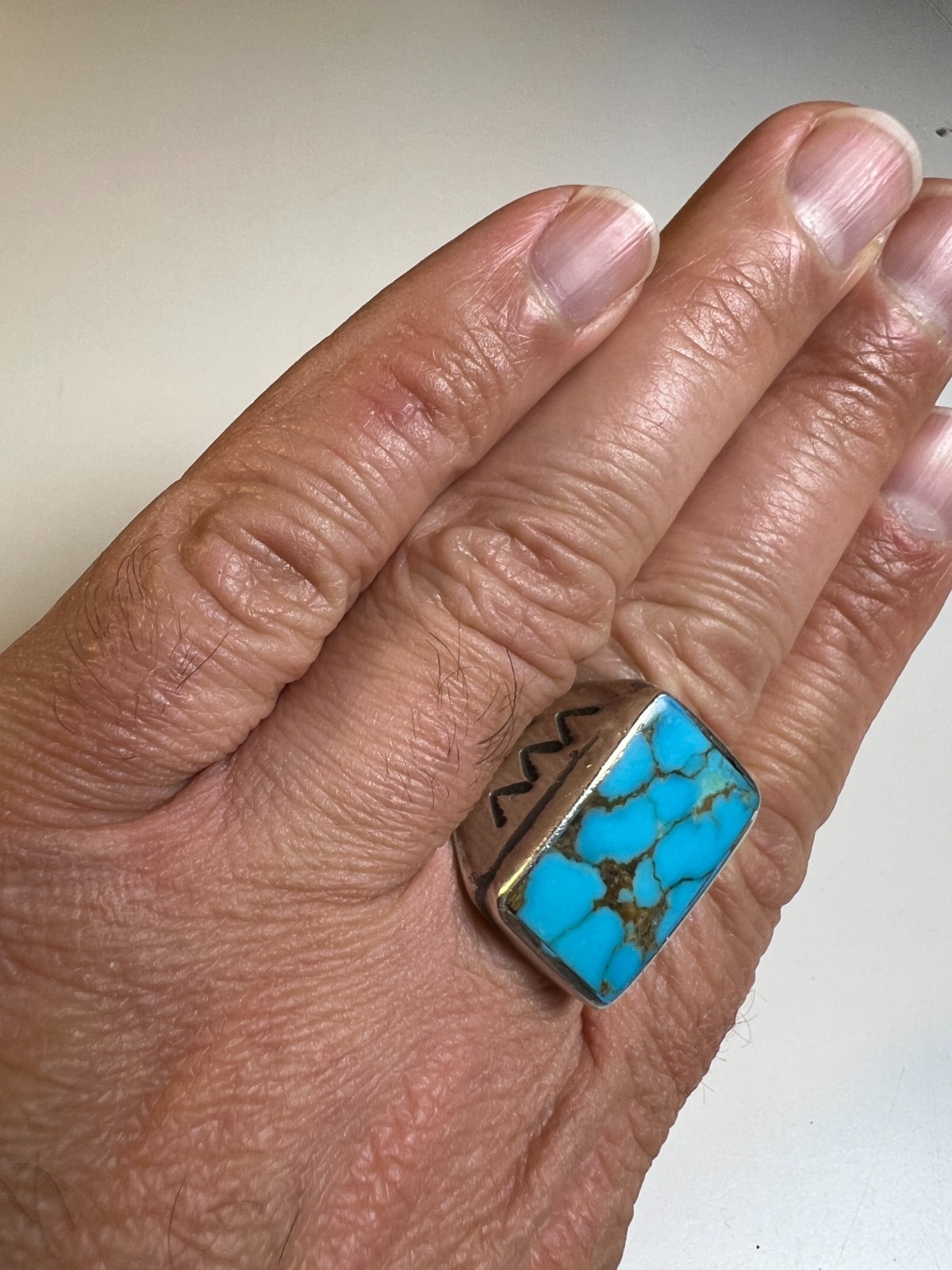 Vintage Navajo Sterling Silver & Large Rectangular Turquoise Cabochon Ring sz 11