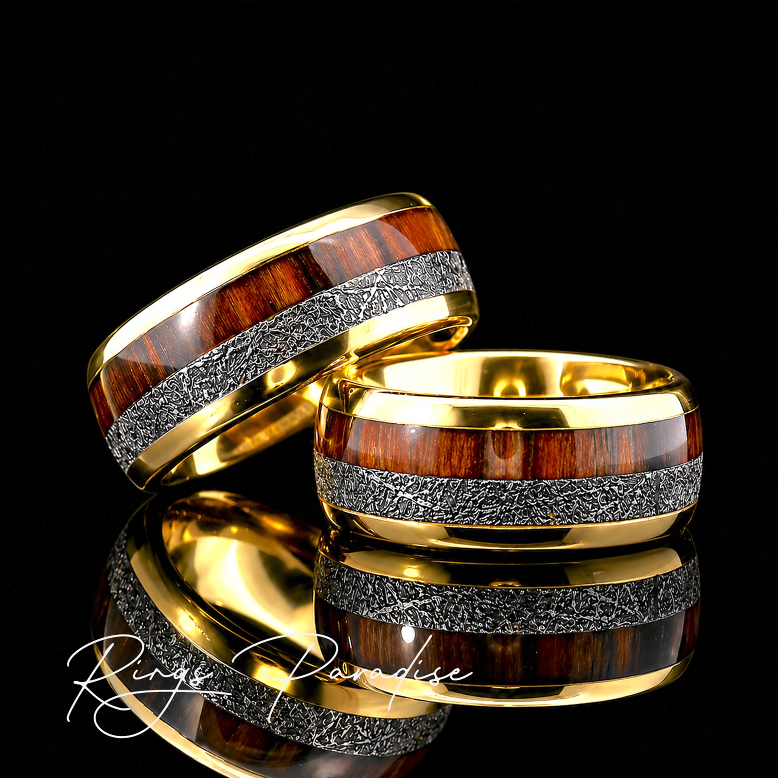 Yellow Gold Tungsten Ring 6mm 8mm | Wood Meteorite Inlay Band