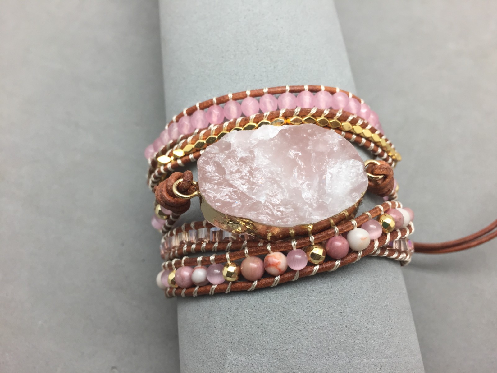 Natural Rose Quartz Crystal Beaded Leather Wrap Bracelet Heart Chakra Rhondonite