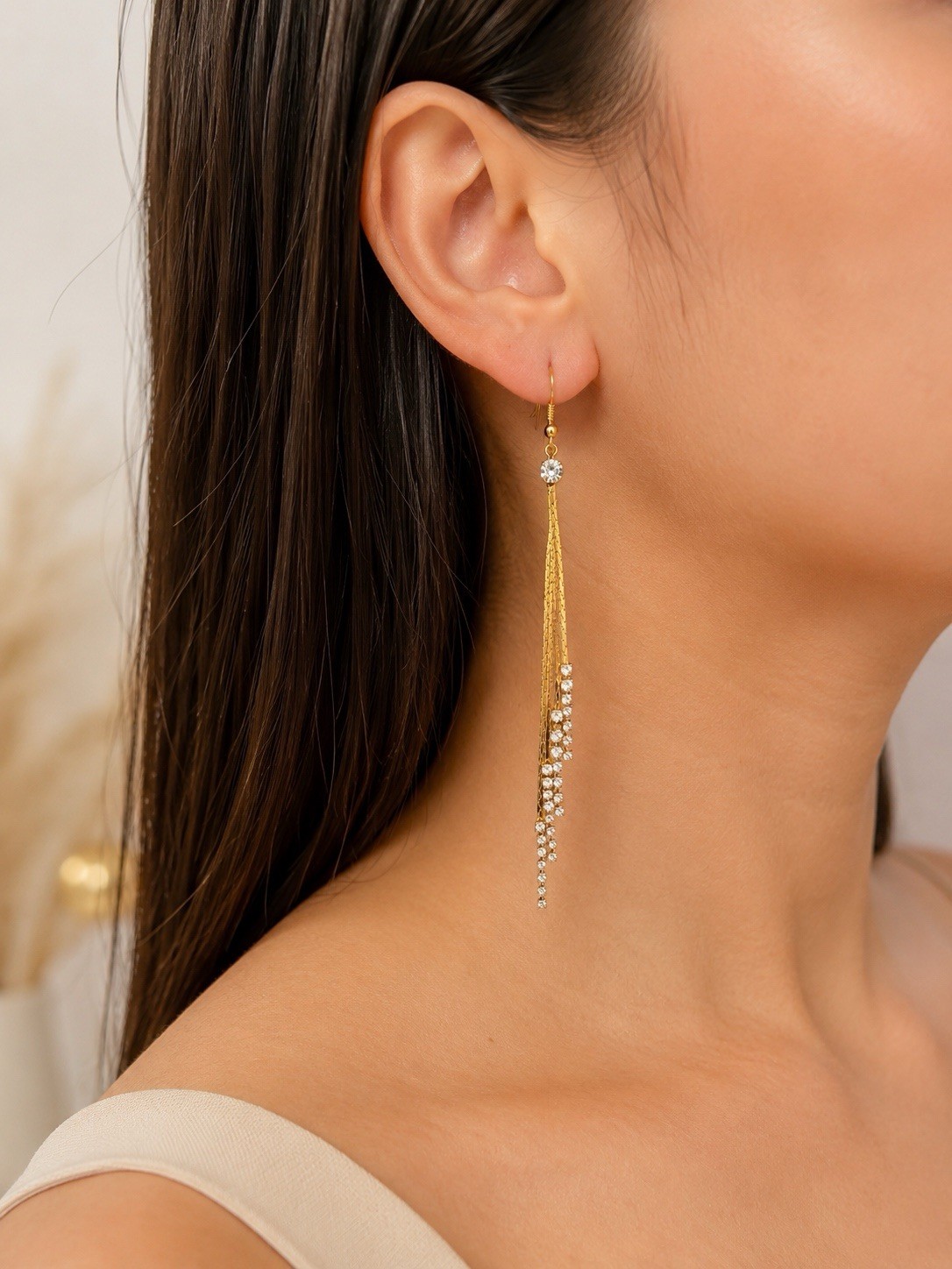 Gold Rhinestone Tassel Dangle Earrings Long Drop Bridal Gift Box Included