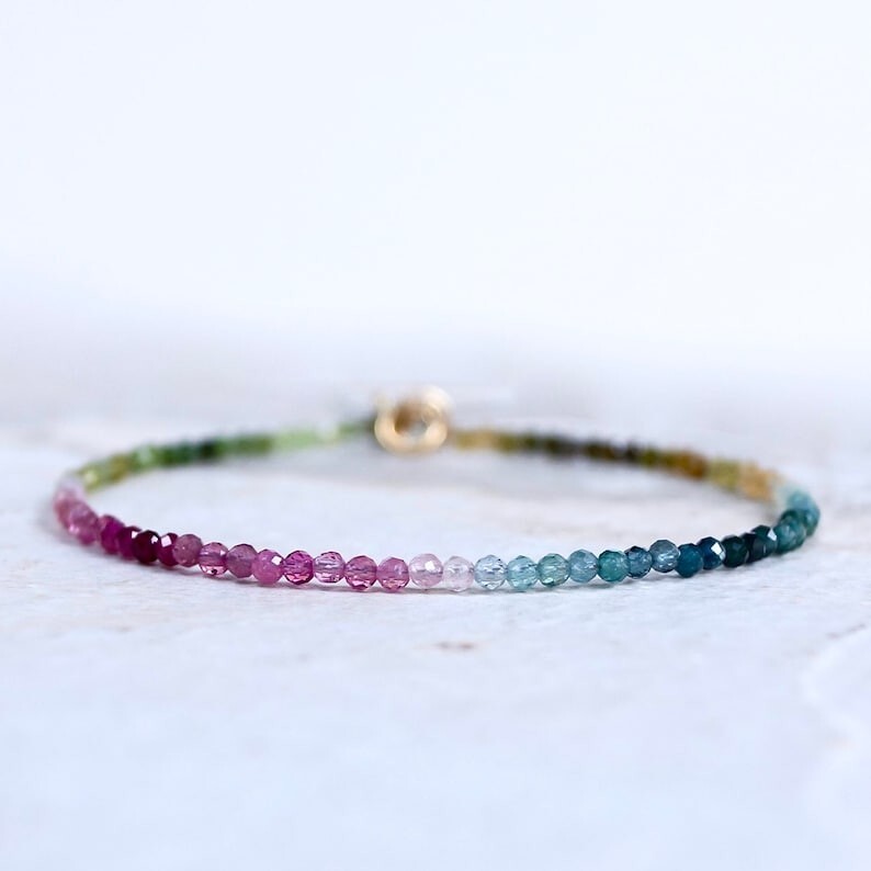A++ Multi Watermelon Tourmaline Faceted Round Gemstone Beaded Bracelets 6-8”