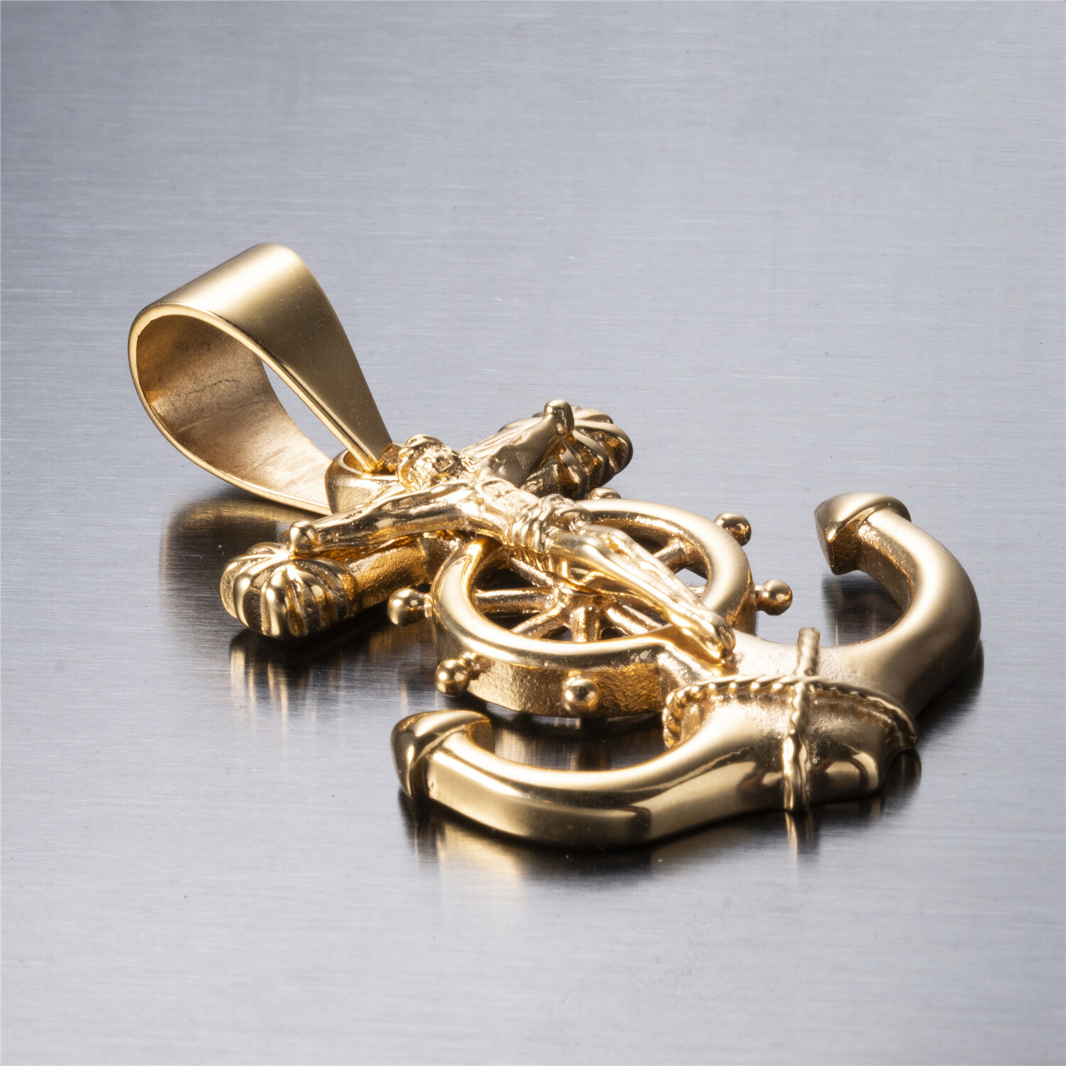 Jesus Cross Anchor Men’s Gold Stainless Steel Pendant Chain Necklace set