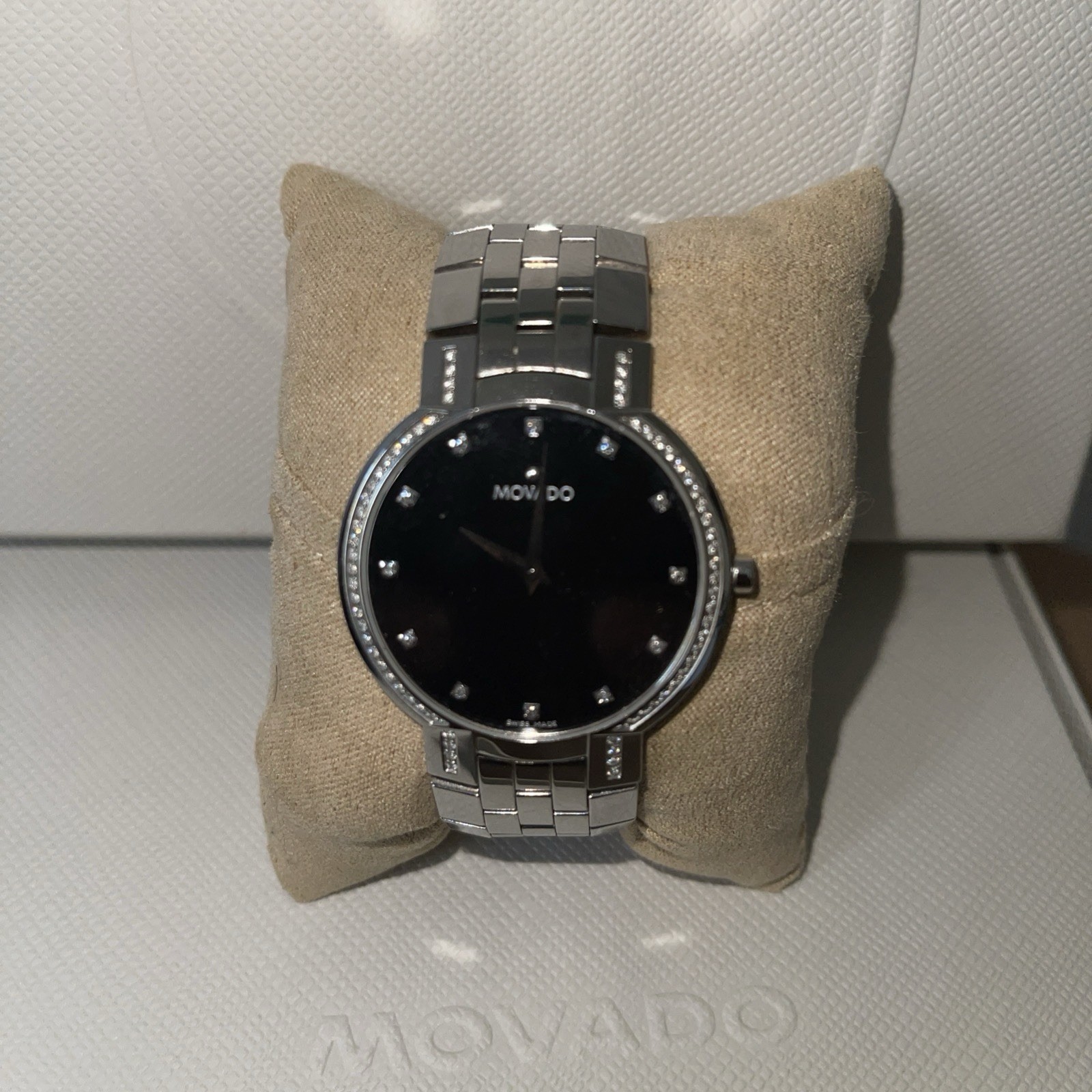 Womens Movado Faceto Black Dial Stainless Steel With Diamonds