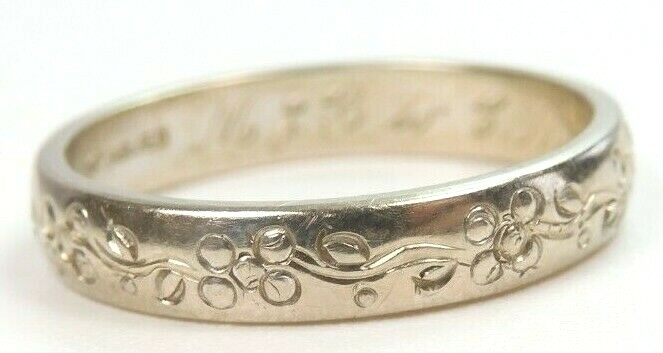 Antique Art Deco Art Carved 14K White Gold Wedding Band Ring Size 6 UK-L1/2