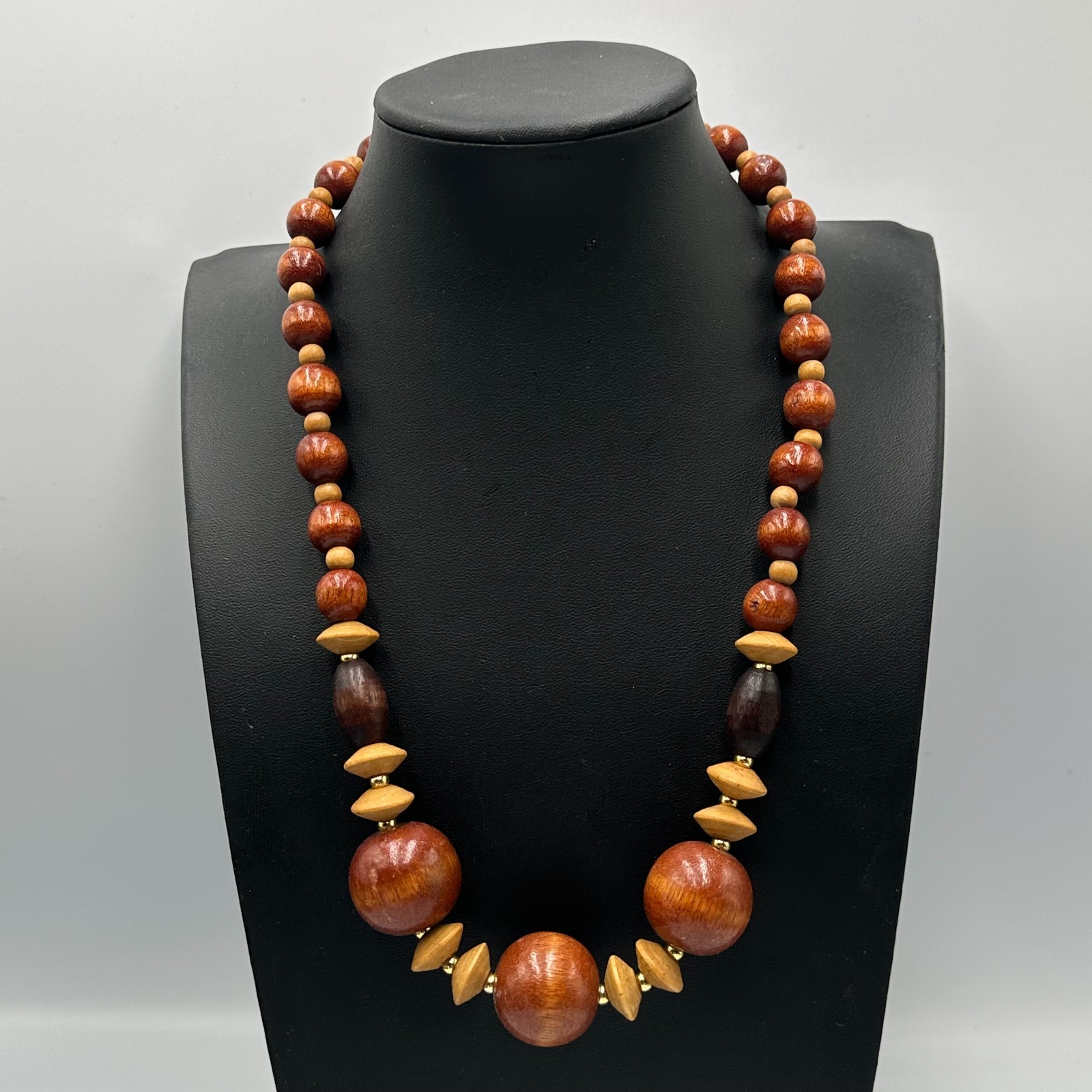 Vintage Wood Bead Necklace Brown Tan Graduated Round Barrel Beads 20 Inch