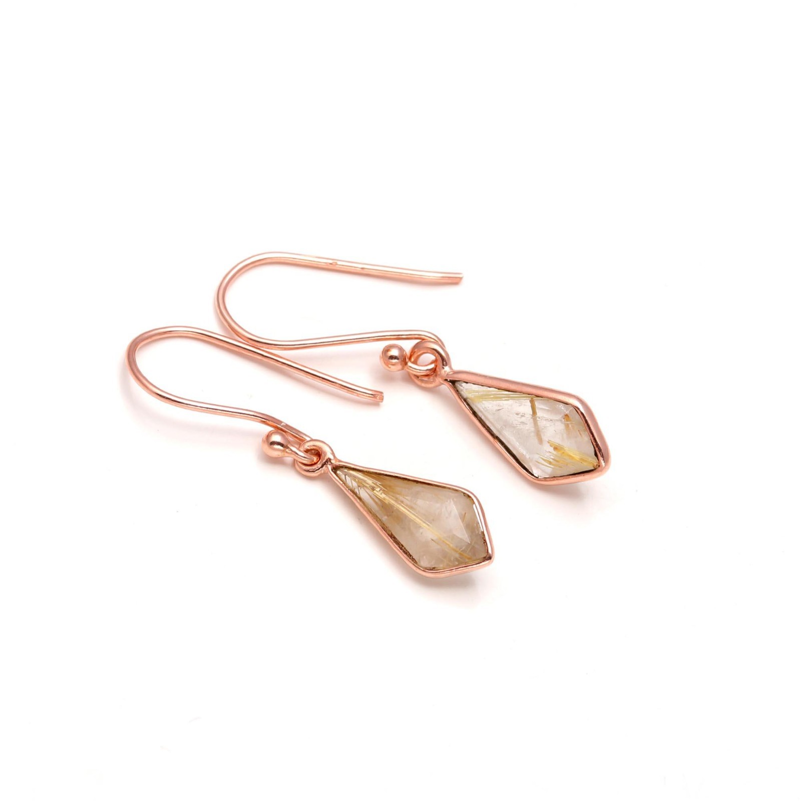 Natural Golden Rutile Kite Dangle Earrings Rose Gold Plated Solid Silver Jewelry