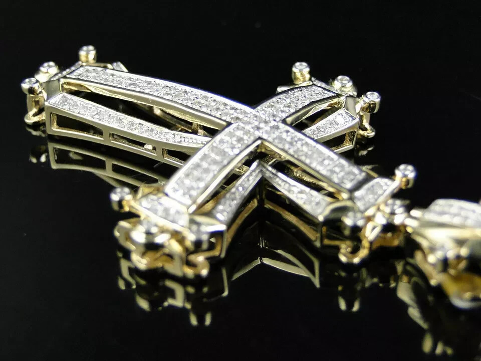 Pave Set Round Cut Diamond Cross Pendant in 14K Yellow Gold FN 0.92 Ct