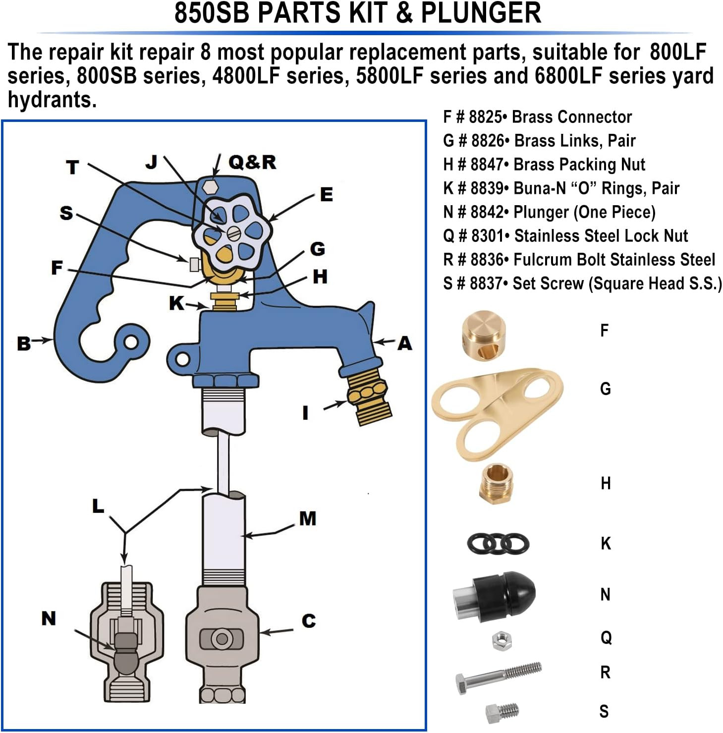 850 Sb Parts Kit Yard Water Hydrant Repair Kits & 8842 Plunger Fit for Simmons 8