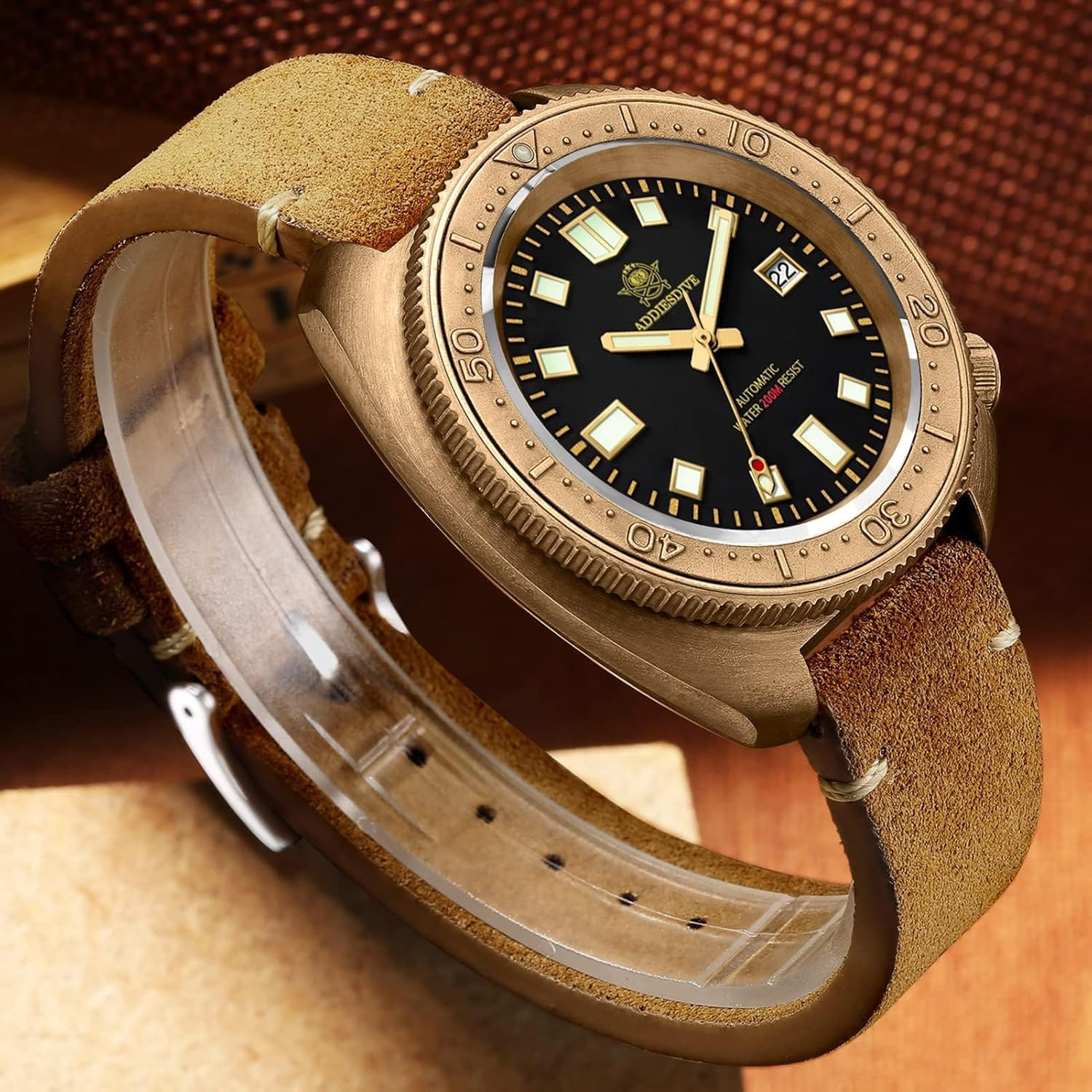 Men’s Vintage Bronze Dive Watch 200M Waterproof with Suede Leather Strap