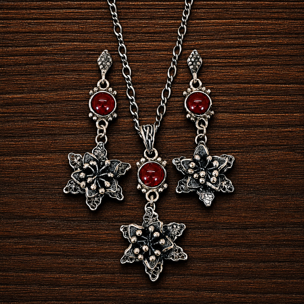 Vintage 925 Sterling Silver Garnet 3D Filigree Floral Necklace & Earrings Set