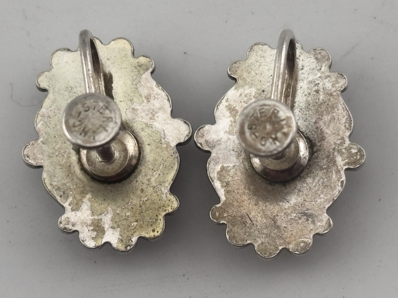 Vintage Scrolled Sterling Silver and Mahogany Obsidian Earrings -Screw Back