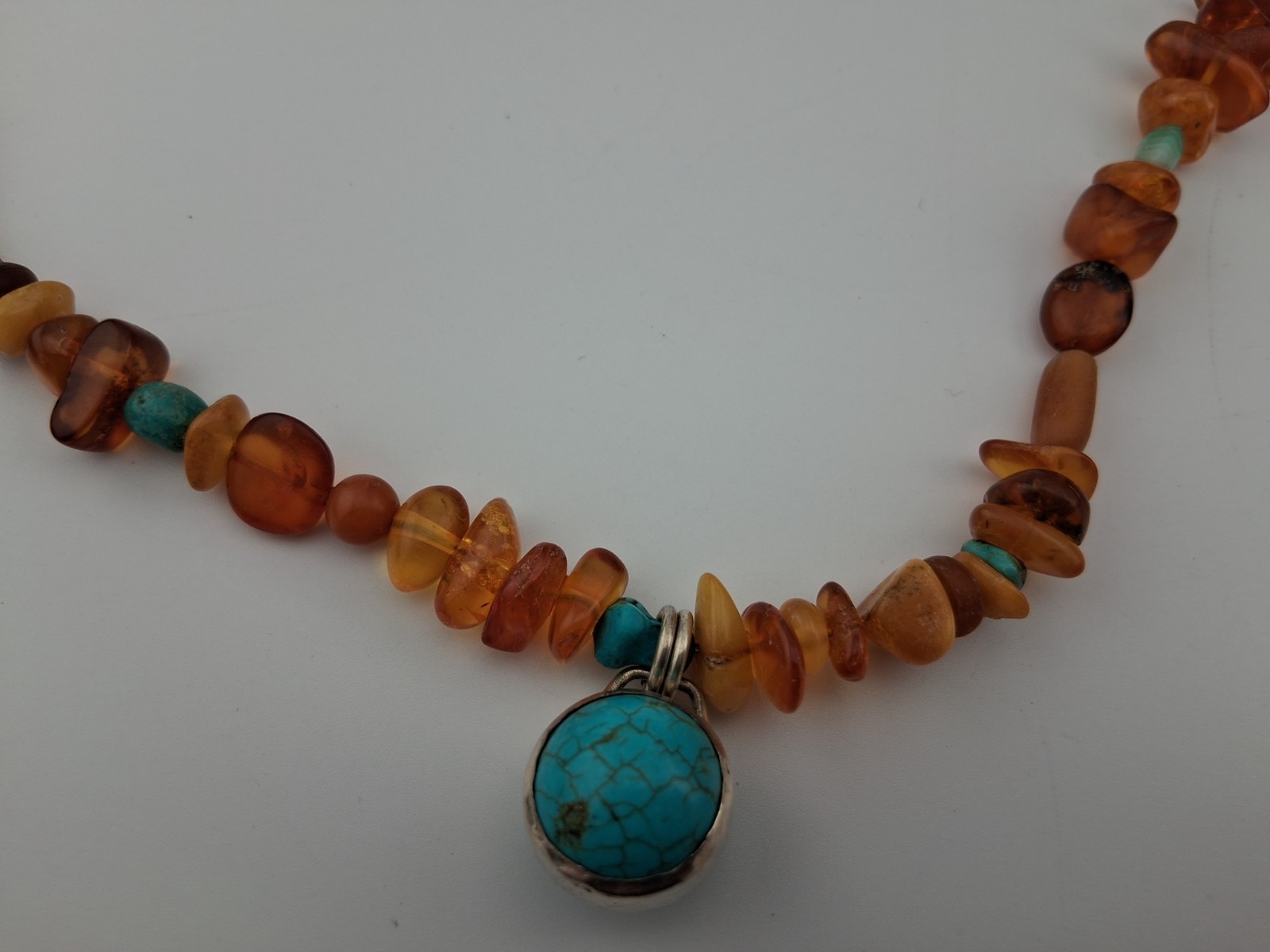 Signed Peyote Bird Sterling Silver Amber Turquoise Bead Necklace 17.5″-19″