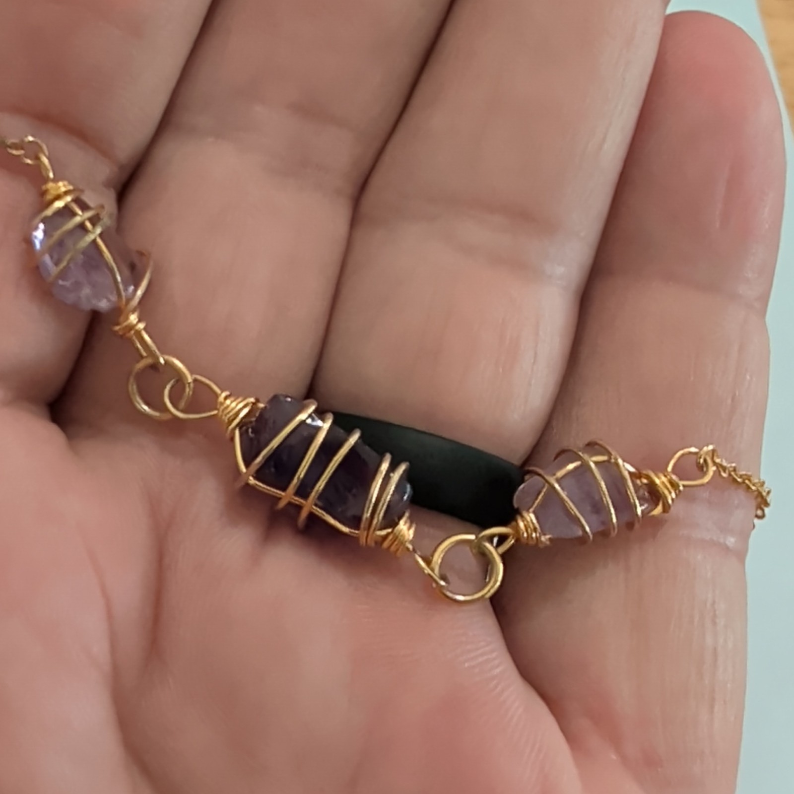 Gold Tone Cable Chain Necklace Wire Wrap Purple Amethyst Rondelle 3 Stone