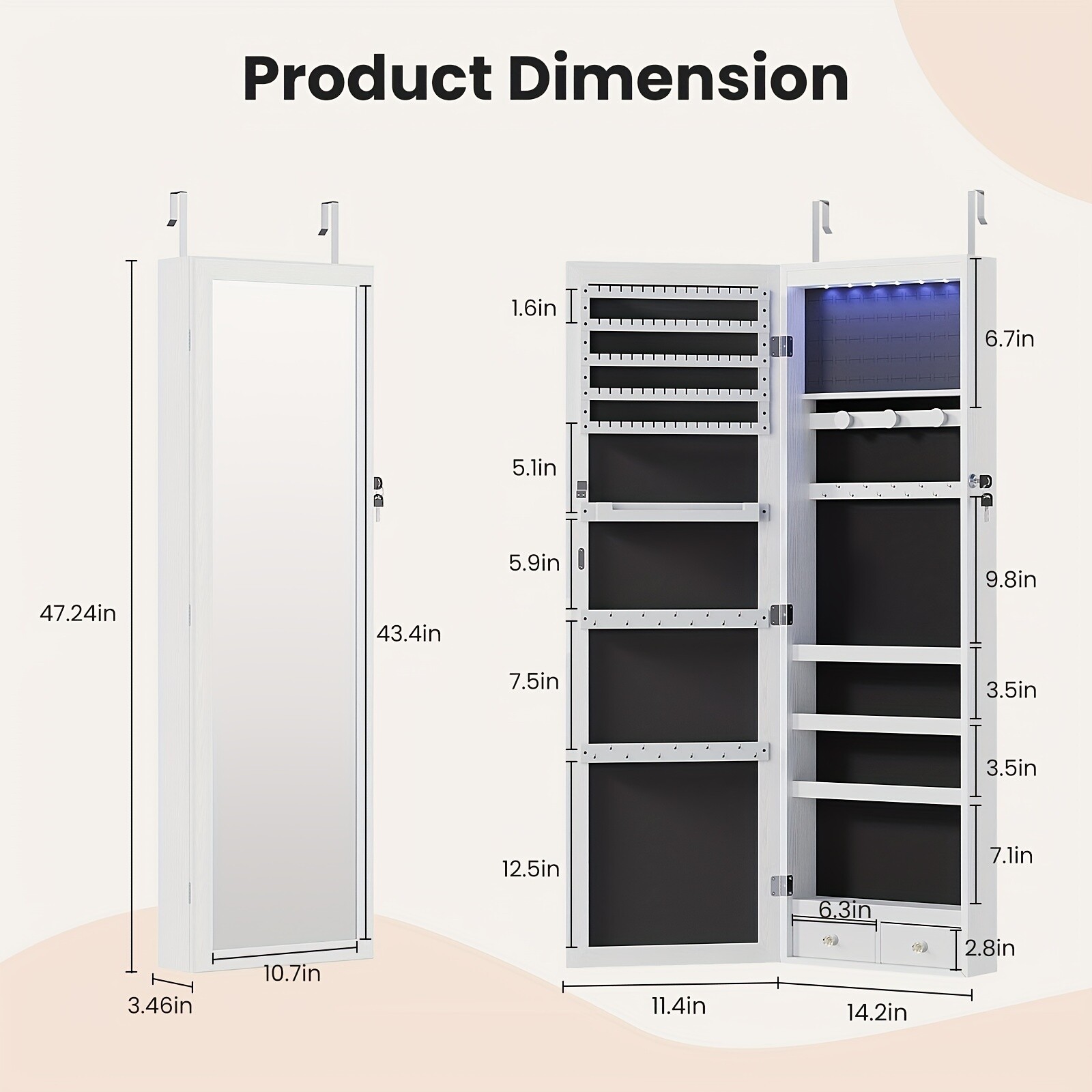 47.2-Inch Tall Lockable Wall Or Door Mounted Jewelry Cabinet With Mirror