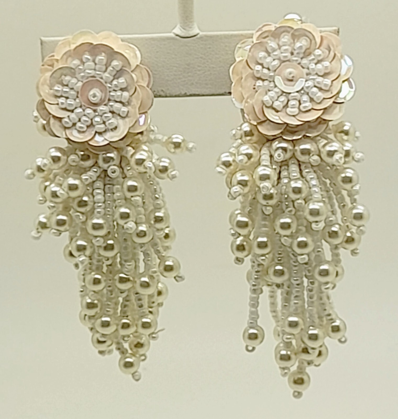 Vintage Handmade cream seed beaded sequins clip on drop/Dangle fashion earrings