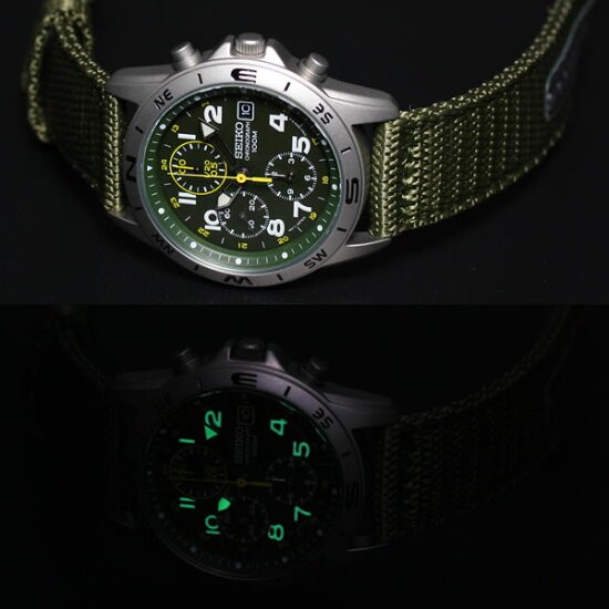 Seiko Chronograph SND377R Khaki Green Dial Quartz Nylon Strap Mens Watch New Box