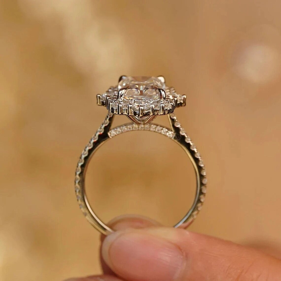 F/VVS1 Radiant Cut 2.50 CT Moissanite Halo Engagement Ring Solid 14K White Gold
