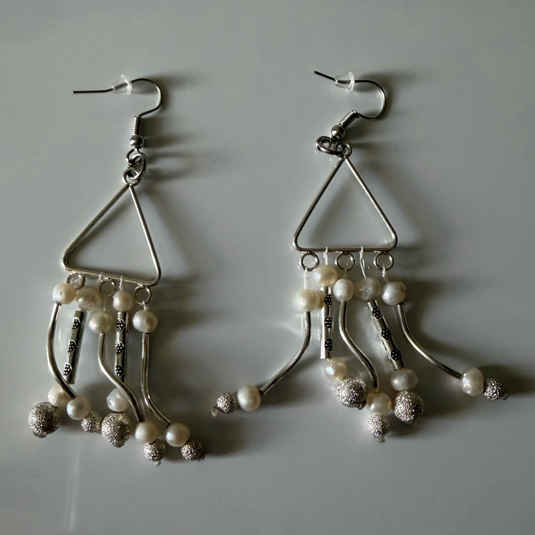 Silver Triangle Dangle/Drop Hook Earrings White Simulated Imitation Pearl
