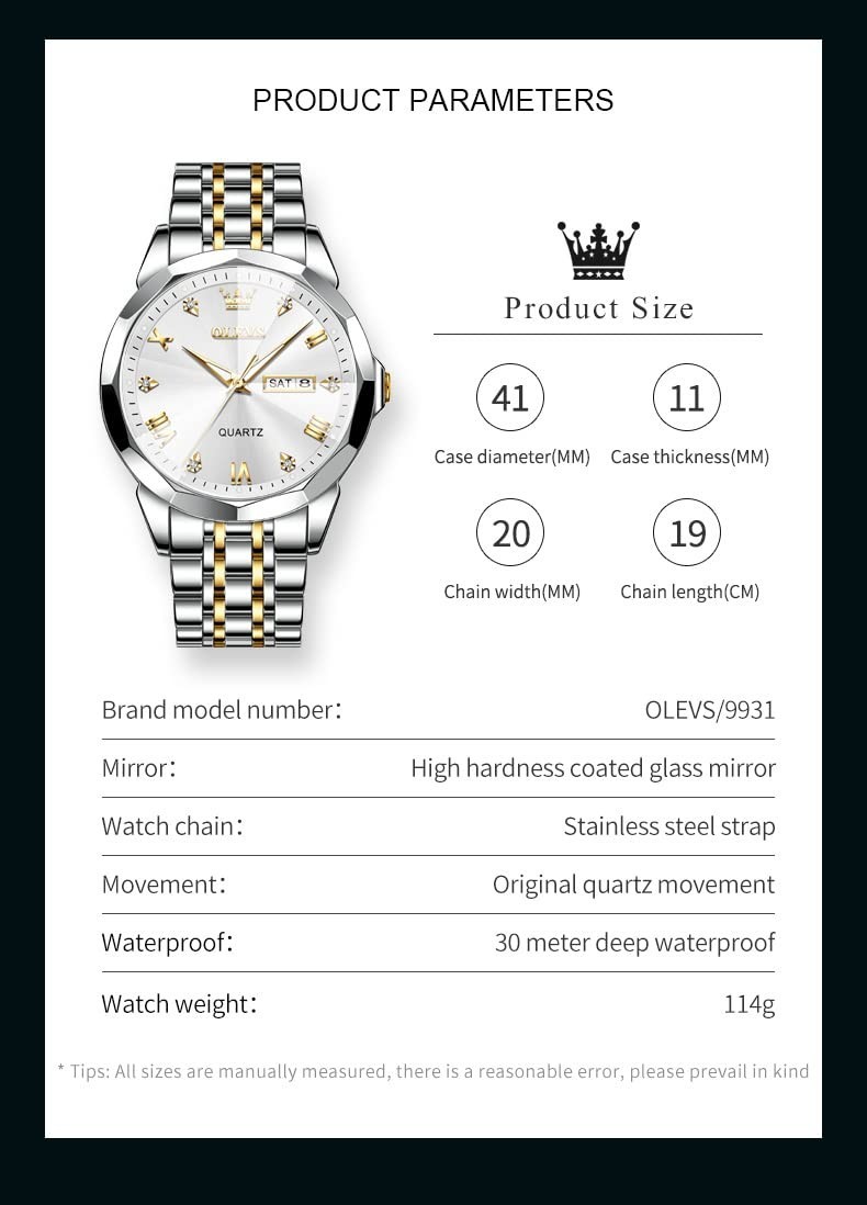 Luxury Men’s Diamond Watch, Waterproof Analog Quartz, Luminous Date, Two-Tone St