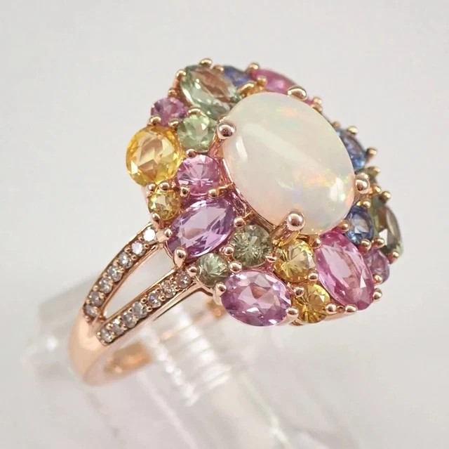 14K Rose Gold Plated 3Ct Oval Opal Multi Color Sapphire Halo Engagement Ring