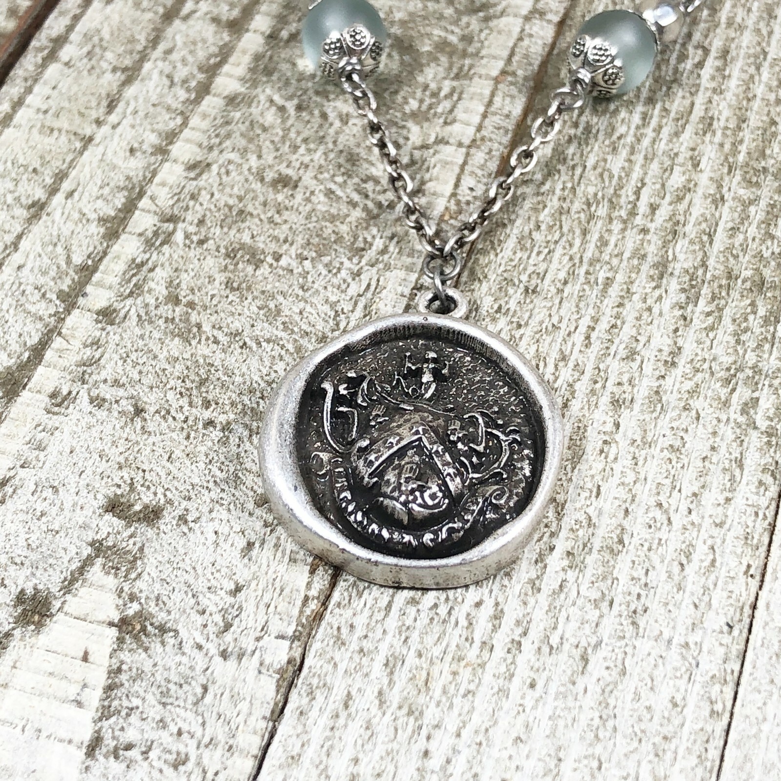 Pewter Mermaid’s Crest with TierraCast Seashells and Matte Blue Sea Glass Beads