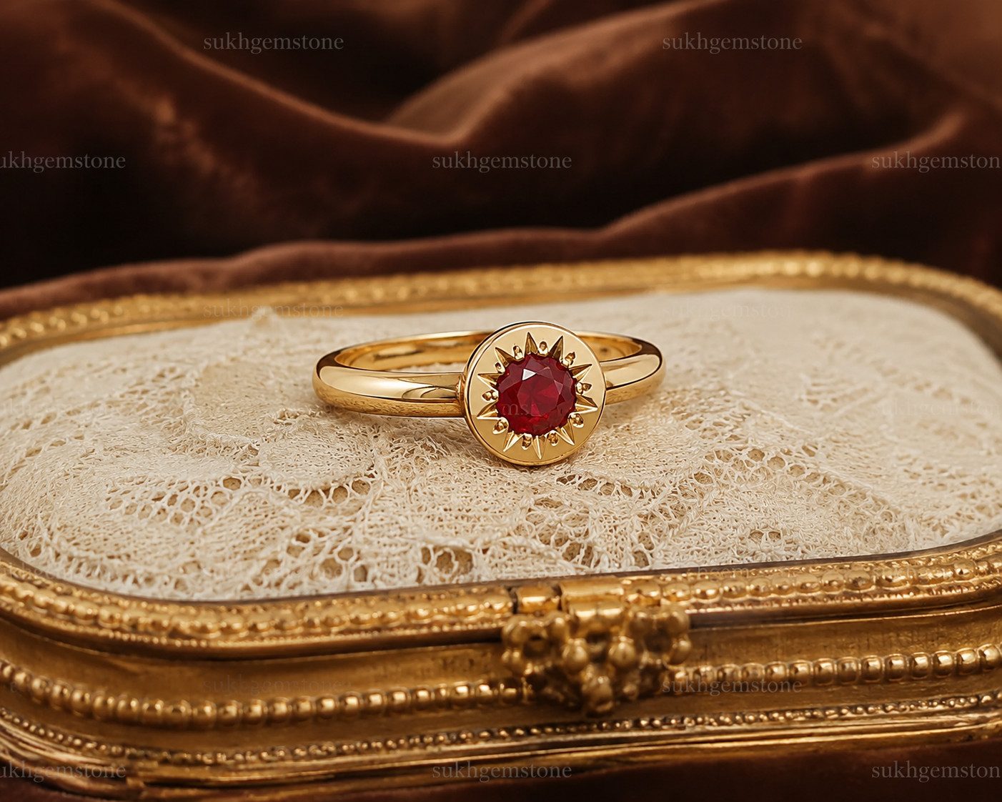 Lab Created Red Ruby Ring, Base Metal: Brass Finish: Gold Plated