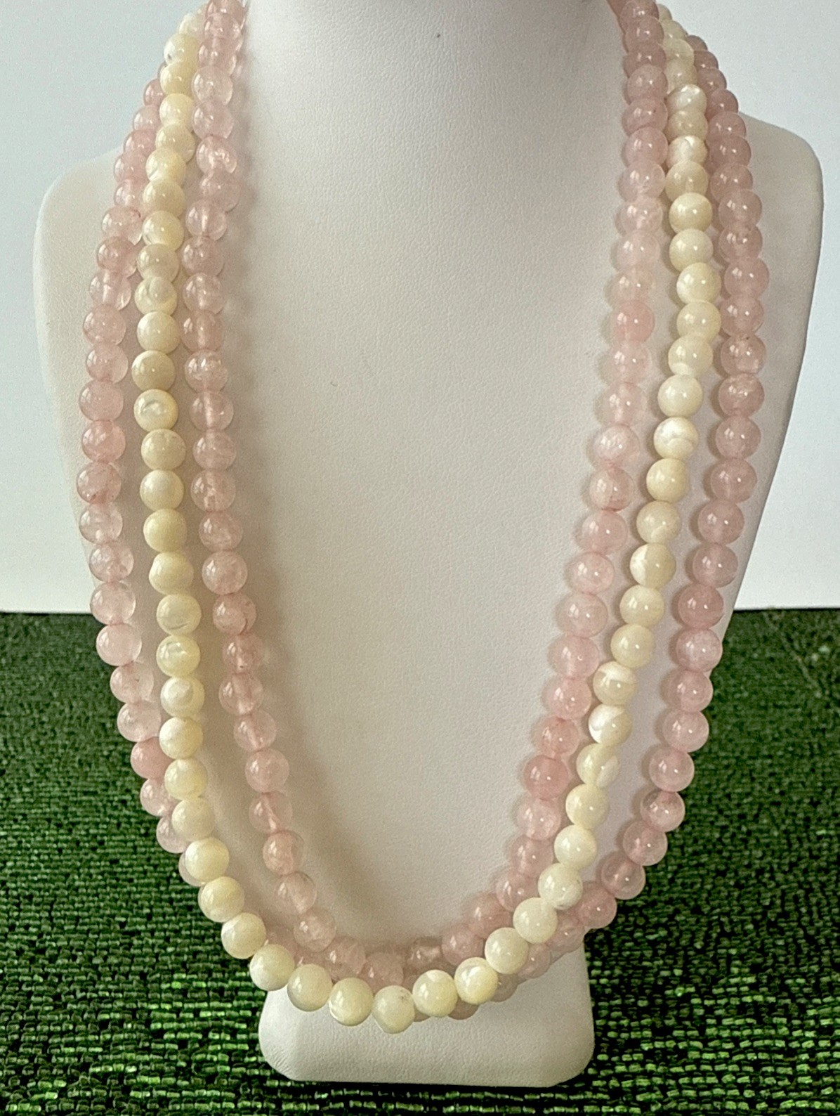 GSJ CN 925 3 Strand Rose Quartz &mother of Pearl Round Beads Necklace 18”
