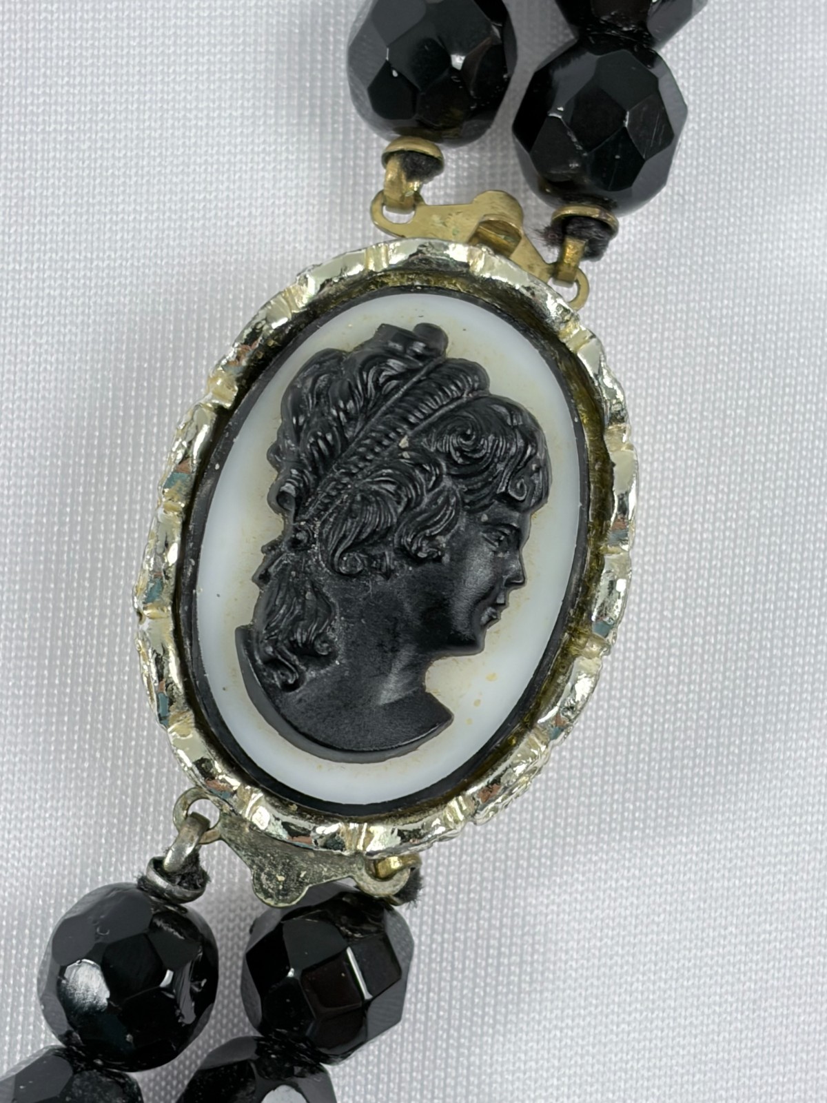 Black Glass Beaded Necklace Double Strand Cameo Clasp Art Deco French Jet Vtg
