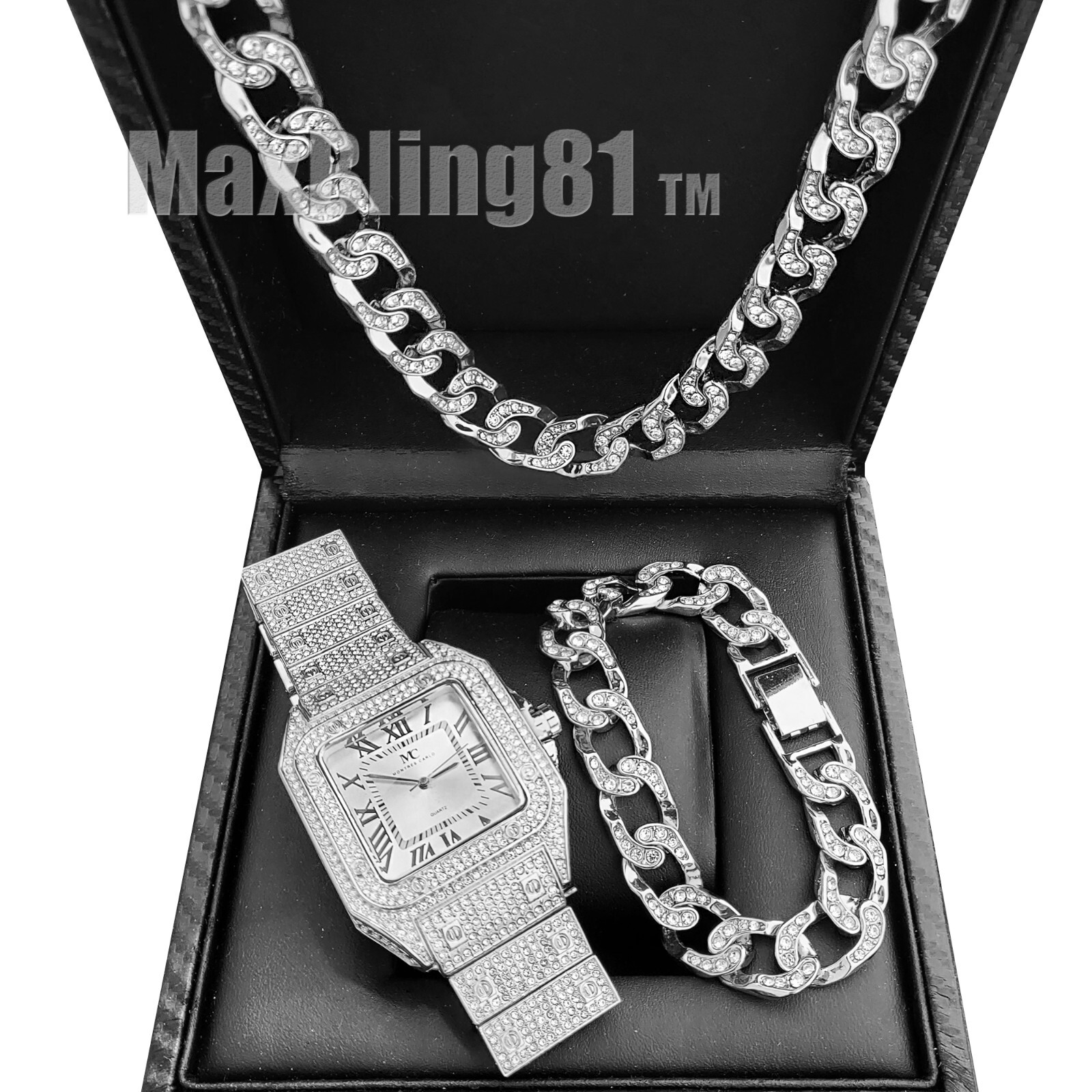 Hip Hop Iced Silver Plated Bling Metal Band WATCH & Cuban Bracelet & Necklace