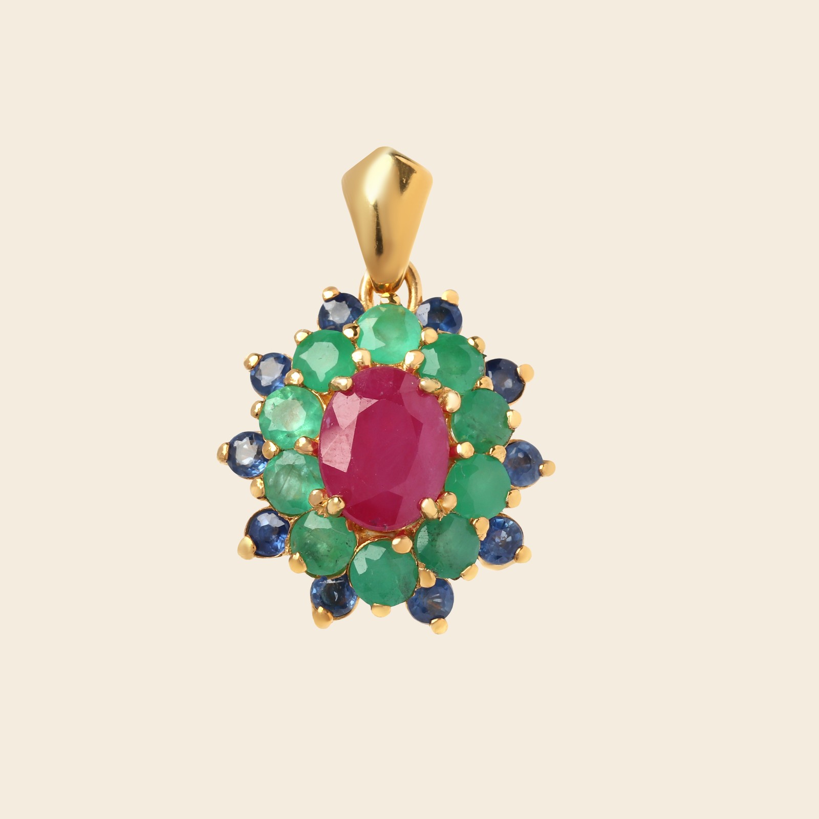 Natural Ruby Emerald Sapphire Pendant 18k Gold Handmade Gift for Her Size 2.3cm
