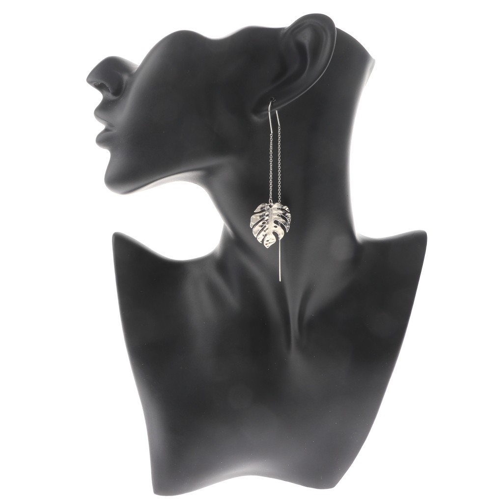 Silver Tone Alloy Metal Dangle Leaf Earrings LE5474-SIL