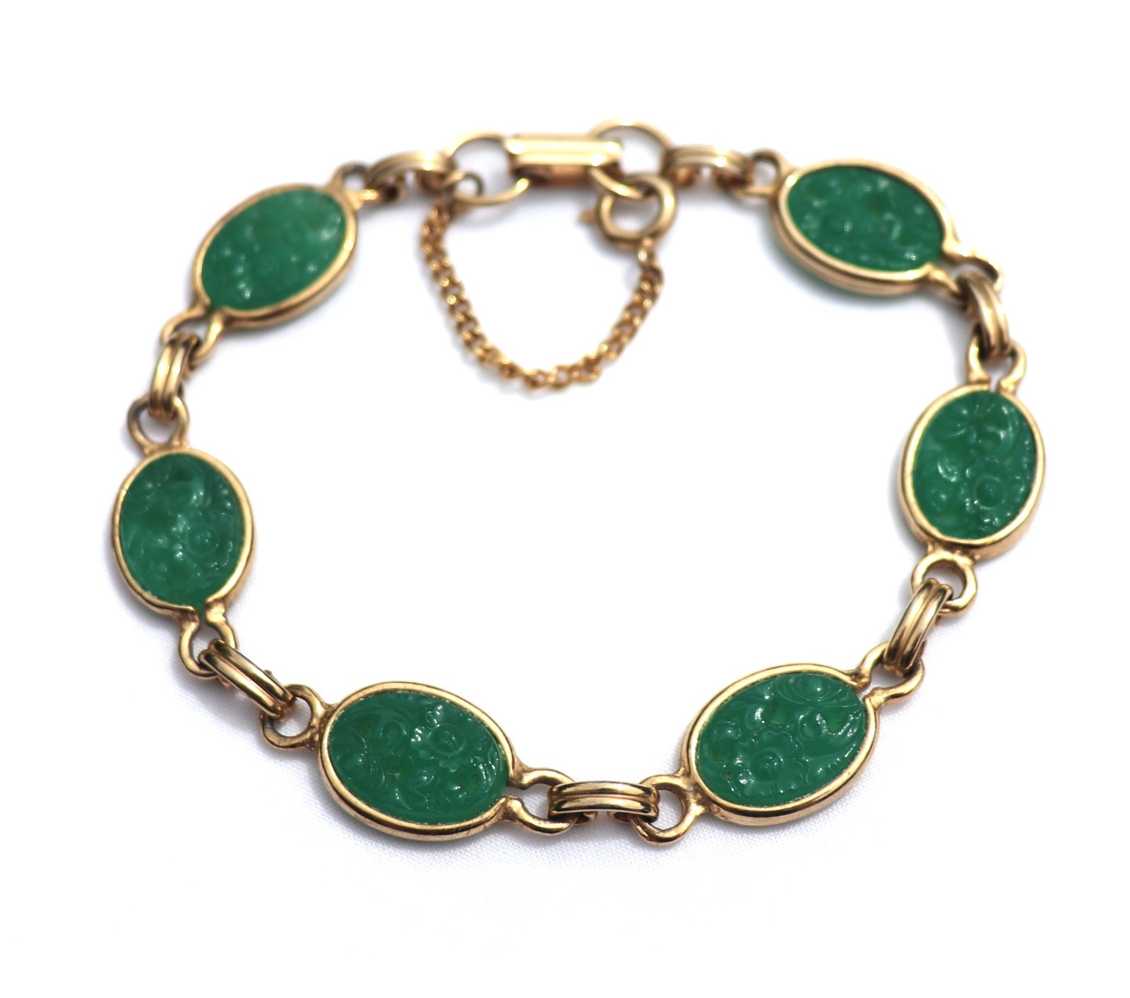 Vintage Bracelet Gold Tone Carved Green Peking Glass With Safety Chain